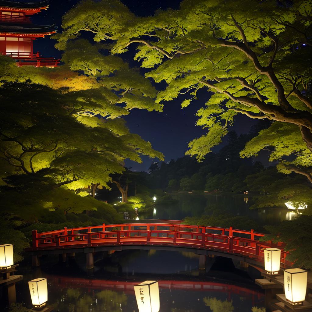  masterpiece, best quality, (fidelity:1.4), best quality, masterpiece, ultra high resolution, 8k resolution, night view inspired by Japanese art, featuring a garden illuminated by paper lanterns and a wooden bridge spanning a tranquil lake with a small Zen temple beside the lake.