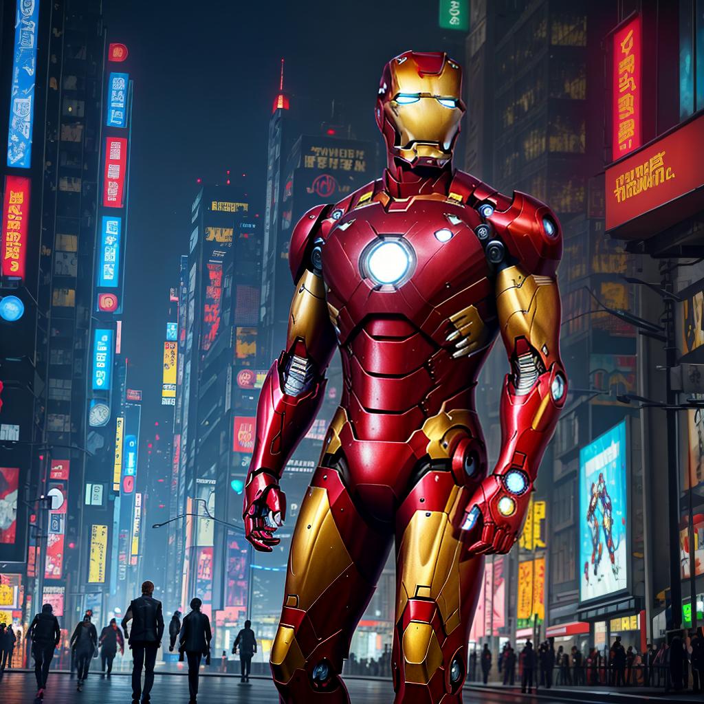  masterpiece, best quality, masterpiece, 8k resolution, realistic, highly detailed, Iron Man close-up. He stands on a street lined with tall buildings in a cyberpunk style city at night. The city's night lights are bright, and the surrounding buildings and streets are full of cyberpunk elements such as neon lights, high-tech equipment and futuristic architectural design.