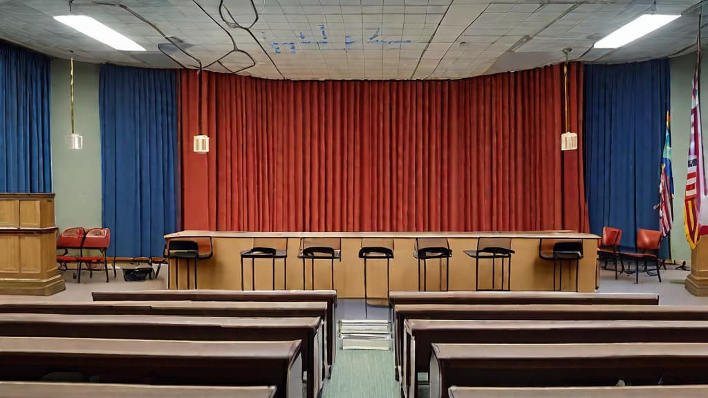  For the proceedings, a community center was transformed into a courtroom. A curtain was placed to cover the depth of the stage, leaving only a narrow space on the proscenium to accommodate the three judges' seats and a small table for the stenographer (court reporter) next to them.