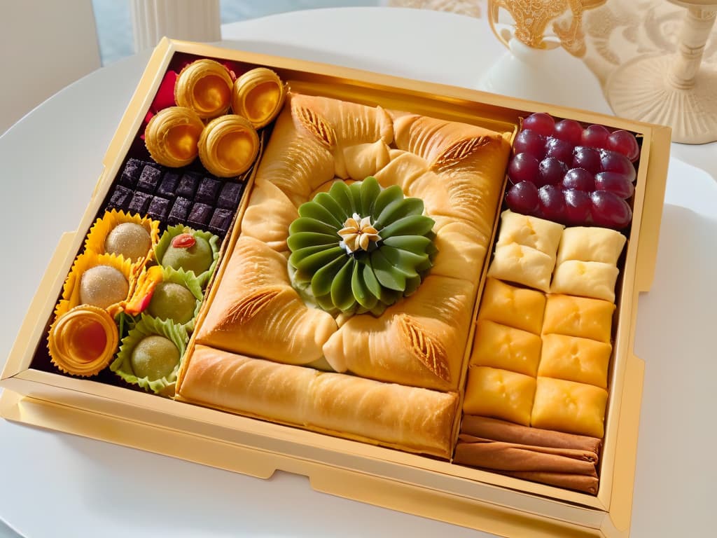  A photorealistic image of a beautifully decorated tray filled with a variety of traditional Eid sweets such as baklava, ma'amoul, and basbousa, showcasing intricate designs and vibrant colors. The sweets are arranged neatly on a golden ornate tray, with delicate floral patterns in the background, evoking a sense of celebration and cultural richness. The lighting highlights the textures of the pastries, making them look irresistibly delicious and inviting. hyperrealistic, full body, detailed clothing, highly detailed, cinematic lighting, stunningly beautiful, intricate, sharp focus, f/1. 8, 85mm, (centered image composition), (professionally color graded), ((bright soft diffused light)), volumetric fog, trending on instagram, trending on tumblr, HDR 4K, 8K