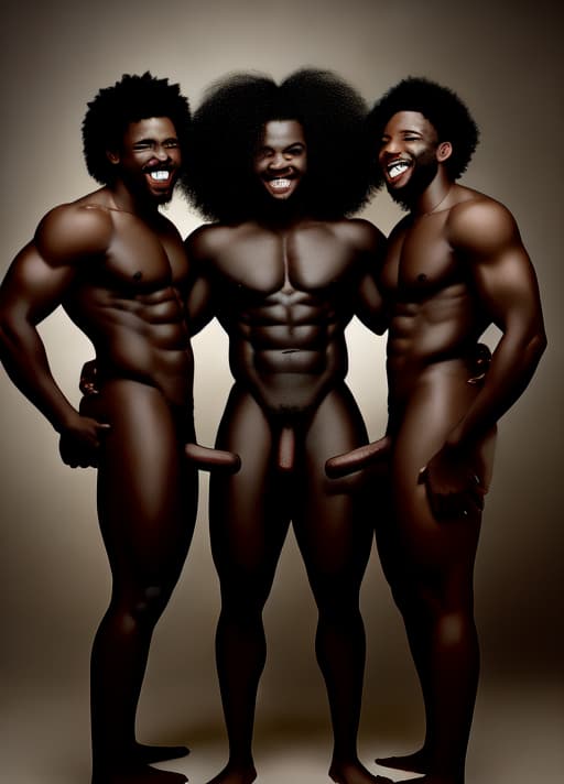  erotic imagenof 3 black men gleefully showing their natural looking  erect penises