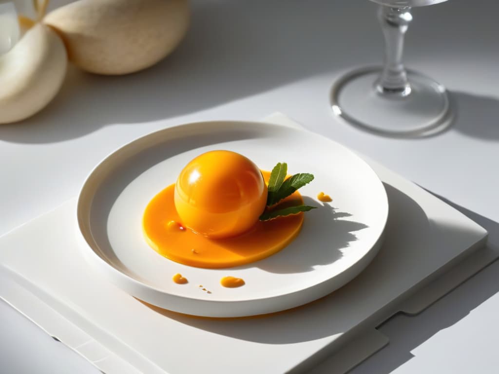  A closeup, highresolution image of a perfectly spherical mango sphere encapsulated in a clear, glossy gel coating, delicately placed on a sleek, modern white dessert plate. The vibrant orange hue of the mango contrasts beautifully with the pristine white background, highlighting the precision and elegance of the esferificación technique. The glossy finish of the sphere reflects the soft ambient lighting, creating a mesmerizing visual effect that captures the essence of modern gastronomy. hyperrealistic, full body, detailed clothing, highly detailed, cinematic lighting, stunningly beautiful, intricate, sharp focus, f/1. 8, 85mm, (centered image composition), (professionally color graded), ((bright soft diffused light)), volumetric fog, trending on instagram, trending on tumblr, HDR 4K, 8K