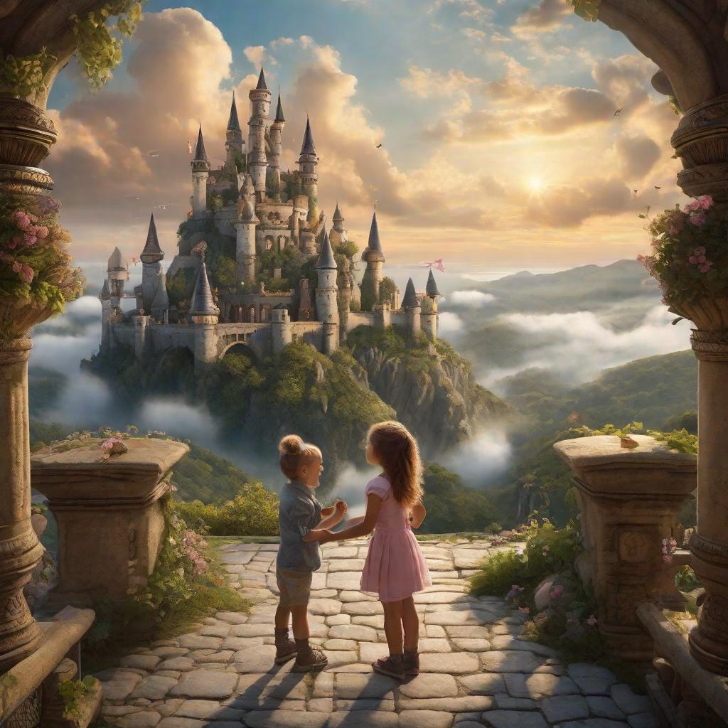  AV6 a little girl, with curly hair in two ponytails, is standing in front of the picture, in the left bottom corner, smiling, inviting the viewer to the small cute flying castle in the sky in the background, she is pointing backwards to the castle with one hand, clouds are around, mythical creatures surrounding hyperrealistic, full body, detailed clothing, highly detailed, cinematic lighting, stunningly beautiful, intricate, sharp focus, f/1. 8, 85mm, (centered image composition), (professionally color graded), ((bright soft diffused light)), volumetric fog, trending on instagram, trending on tumblr, HDR 4K, 8K