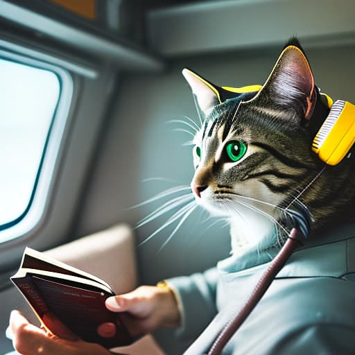 nvinkpunk Realistic image of a cat wearing headphones and reading glasses while riding a bus. hyperrealistic, full body, detailed clothing, highly detailed, cinematic lighting, stunningly beautiful, intricate, sharp focus, f/1. 8, 85mm, (centered image composition), (professionally color graded), ((bright soft diffused light)), volumetric fog, trending on instagram, trending on tumblr, HDR 4K, 8K