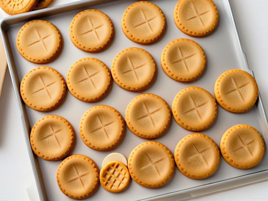  A highresolution closeup image of a perfectly goldenbrown batch of cookies arranged in a neat grid pattern on a pristine, mattefinished silicone baking sheet. The cookies are various shapes and sizes, showcasing the versatility of the silicone sheet, with a soft, warm glow emanating from the oven's interior in the background. Each cookie is impeccably detailed, displaying delicate crinkles, melted chocolate chips, and a dusting of sugar, creating an inviting and irresistible scene that epitomizes the perfection achievable with the right silicone baking tools. hyperrealistic, full body, detailed clothing, highly detailed, cinematic lighting, stunningly beautiful, intricate, sharp focus, f/1. 8, 85mm, (centered image composition), (professionally color graded), ((bright soft diffused light)), volumetric fog, trending on instagram, trending on tumblr, HDR 4K, 8K