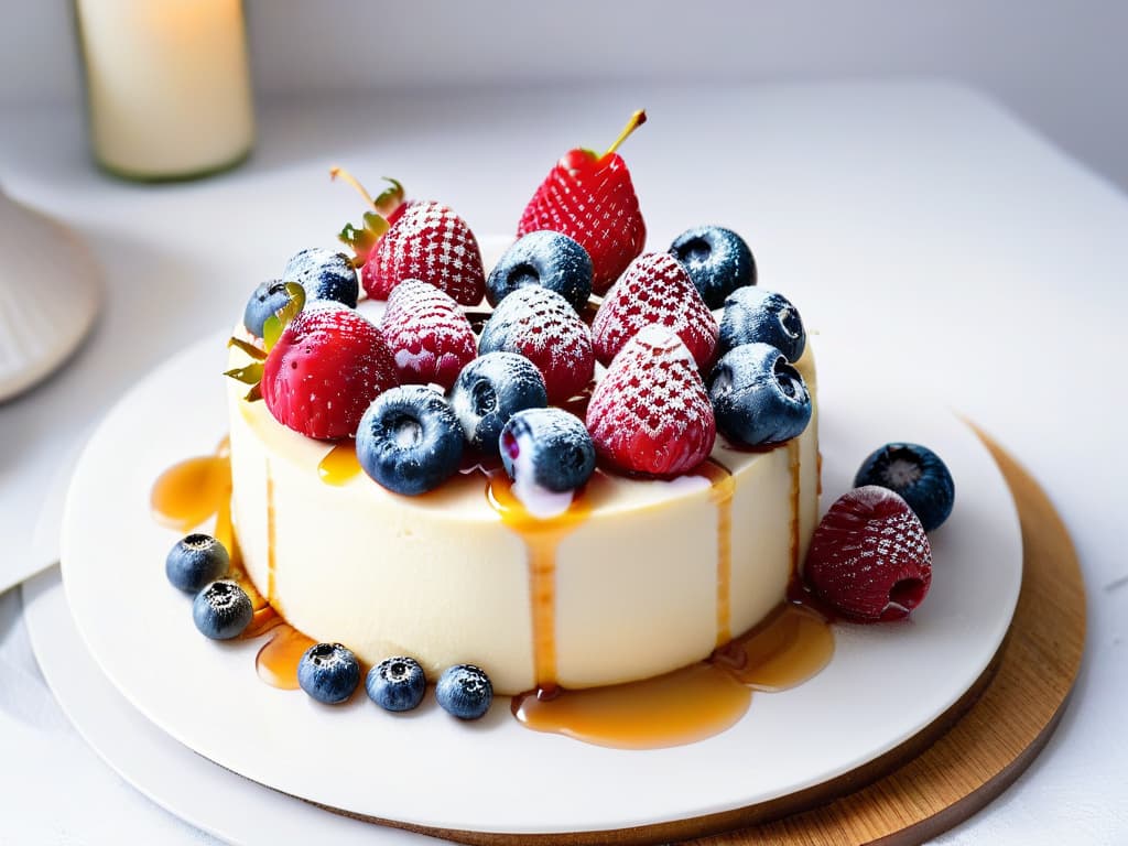  A closeup, ultradetailed image of a perfectly sliced piece of gourmet healthy cheesecake topped with fresh berries and a drizzle of honey on a sleek, modern white plate. The cheesecake is beautifully layered, showcasing its creamy texture and rich, decadent appearance. The berries glisten with freshness, and the honey creates a tantalizing swirl pattern on top of the dessert. The lighting is soft, emphasizing the textures and colors of the dessert, making it look both elegant and delicious. hyperrealistic, full body, detailed clothing, highly detailed, cinematic lighting, stunningly beautiful, intricate, sharp focus, f/1. 8, 85mm, (centered image composition), (professionally color graded), ((bright soft diffused light)), volumetric fog, trending on instagram, trending on tumblr, HDR 4K, 8K