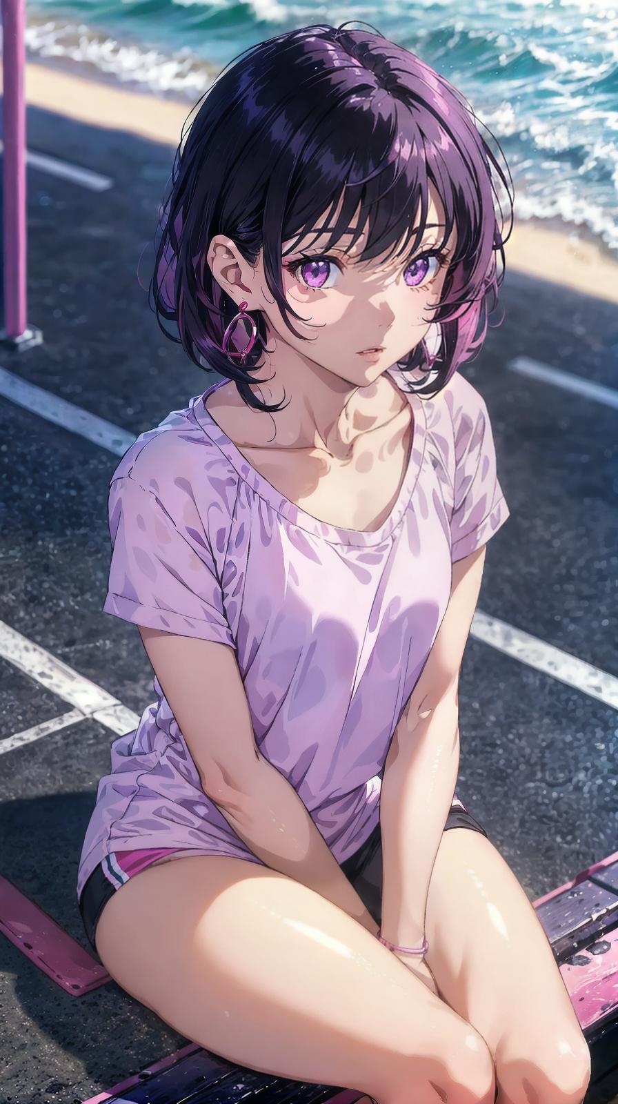  master piece , best quality,Evening seaside JK, black hair, hair inner color vivid pink, medium hair, light purple eyes, seductive upward glance, slightly red cheeks, thin earrings, sitting in gym, white thin clothes, thin clothing, beautiful collarbone