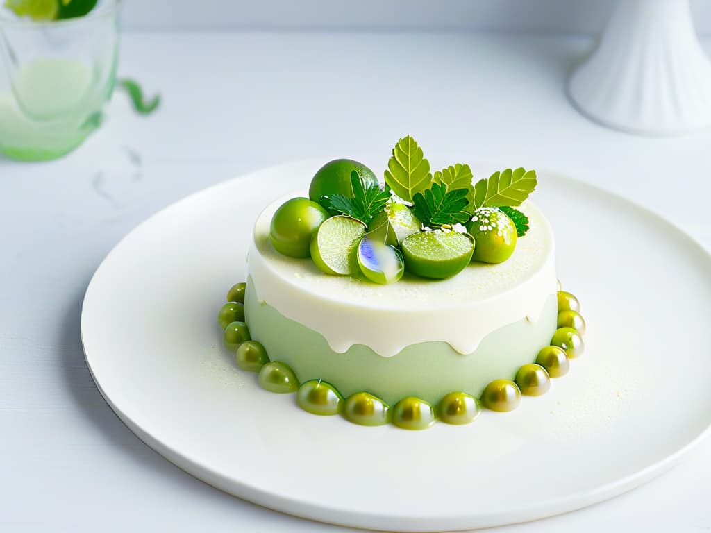  A highdefinition image of a sleek, modern dessert plate elegantly decorated with vibrant green Finger Lime pearls cascading over a creamy, white panna cotta, set against a soft, blurred background that enhances the minimalist aesthetic. The Finger Limes glisten under a gentle light, showcasing their unique texture and exotic appeal, inviting the viewer to explore the sophisticated flavors of this Australian delicacy. hyperrealistic, full body, detailed clothing, highly detailed, cinematic lighting, stunningly beautiful, intricate, sharp focus, f/1. 8, 85mm, (centered image composition), (professionally color graded), ((bright soft diffused light)), volumetric fog, trending on instagram, trending on tumblr, HDR 4K, 8K