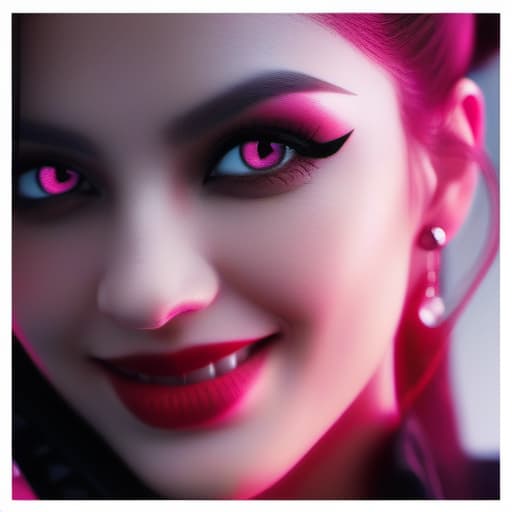  sexy vampire woman, black fuchsia ponytail hair, pink eyes, eyeliner, long eyelashes, pink lips, black eyeshadow, glasses a smile hyperrealistic, full body, detailed clothing, highly detailed, cinematic lighting, stunningly beautiful, intricate, sharp focus, f/1. 8, 85mm, (centered image composition), (professionally color graded), ((bright soft diffused light)), volumetric fog, trending on instagram, trending on tumblr, HDR 4K, 8K