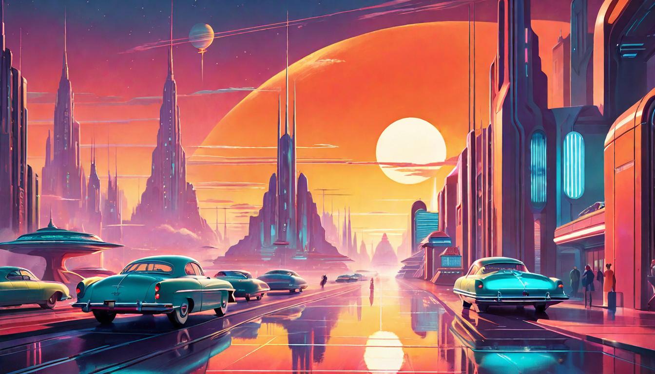  retro futuristic A soft glow of sunrise creeping over a sleepy town, its warmth gently awakening, altering the atmosphere. Mood: quietly transformative, subtle awakening, presence felt. lvintage sci fi, 50s and 60s style, atomic age, vibrant, highly detailed