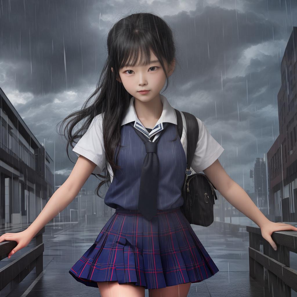  masterpiece, best quality, school girl in storm rain