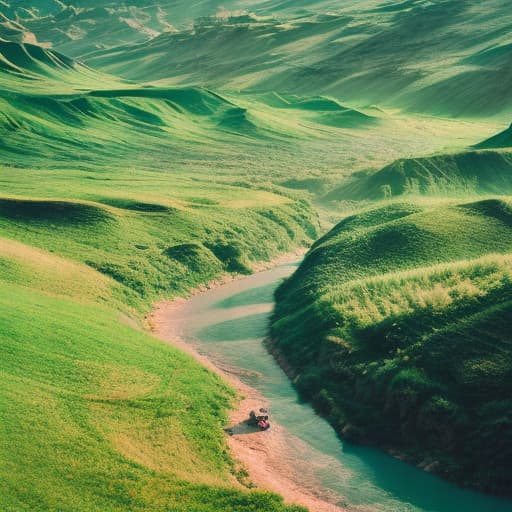 analog style fantasy colourfully landscape of a green valley with river and charming villages