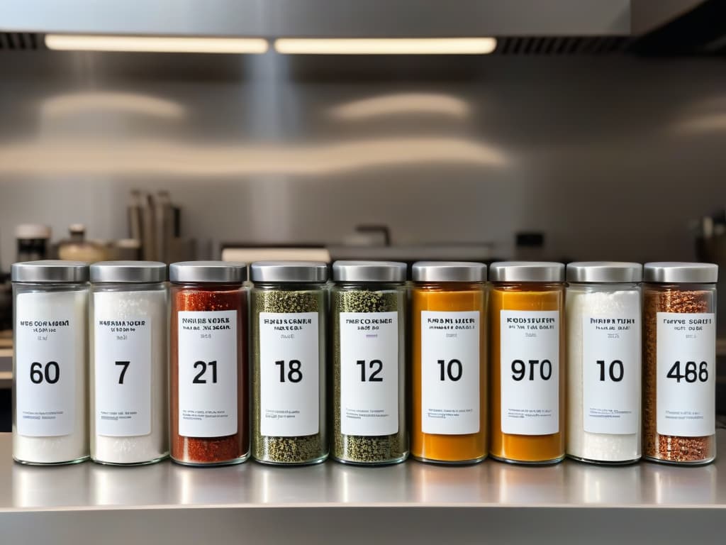  A closeup, ultradetailed photograph of various salt and spice containers arranged neatly on a sleek, modern kitchen countertop. Each container features a different brand label, showcasing a range of wellknown and artisanal brands. The labels are crisp and legible, emphasizing the variety and quality available to consumers when choosing ingredients for baking and cooking. The image conveys a sense of sophistication and thoughtful selection in culinary choices. hyperrealistic, full body, detailed clothing, highly detailed, cinematic lighting, stunningly beautiful, intricate, sharp focus, f/1. 8, 85mm, (centered image composition), (professionally color graded), ((bright soft diffused light)), volumetric fog, trending on instagram, trending on tumblr, HDR 4K, 8K