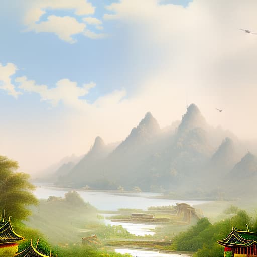 mdjrny-v4 style Ancient Chinese style landscape, mountains, rivers, clouds