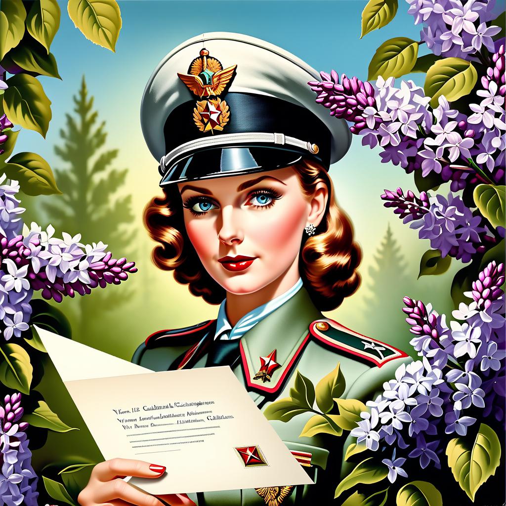  Advertising poster style Victory Day, postcard,covert,letter,salute,lilacs,1945 May,spring. . Professional, modern, product focused, commercial, eye catching, highly detailed hyperrealistic, full body, detailed clothing, highly detailed, cinematic lighting, stunningly beautiful, intricate, sharp focus, f/1. 8, 85mm, (centered image composition), (professionally color graded), ((bright soft diffused light)), volumetric fog, trending on instagram, trending on tumblr, HDR 4K, 8K