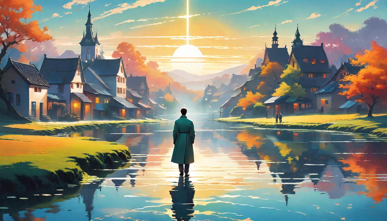  retro futuristic A gentle sunrise over a tranquil village, with one figure standing at the edge, sending ripples across a still pond by whispering into the water. The ripples cascade outward, each wave a metaphor for the proactive responses to the emotional and psychological states of the village. The serenity of the scene contrasted with the active engagement of the figure denotes a balance between observance and action, the art of caring without intrusion. Dawn of empathy, ripple effect of support, serene engagement. lvintage sci fi, 50s and 60s style, atomic age, vibrant, highly detailed