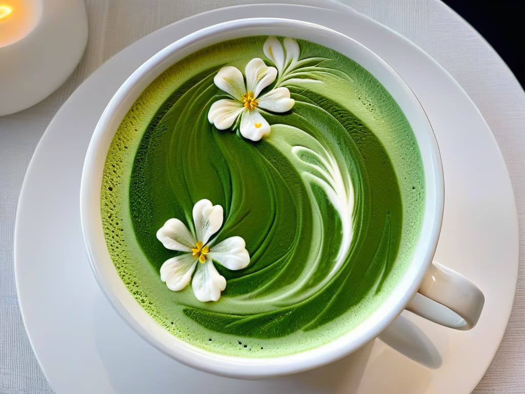  An ultradetailed 8k image of a vibrant green matcha latte art design in a white ceramic cup, with intricate swirling patterns created using foamed milk, set against a sleek black background. The latte art is expertly crafted, showcasing a delicate cherry blossom motif with precise detailing and a rich, velvety texture. The green hue of the matcha is vivid and inviting, exuding a sense of tranquility and elegance that perfectly complements the minimalist aesthetic of the composition. hyperrealistic, full body, detailed clothing, highly detailed, cinematic lighting, stunningly beautiful, intricate, sharp focus, f/1. 8, 85mm, (centered image composition), (professionally color graded), ((bright soft diffused light)), volumetric fog, trending on instagram, trending on tumblr, HDR 4K, 8K