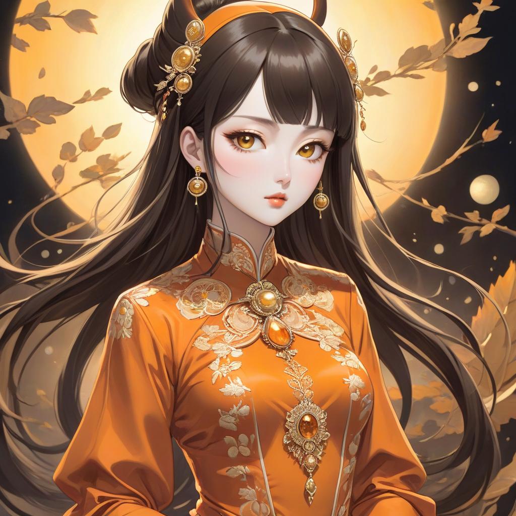  surrealist art A cartoon in an orange costume with gold jewelry, in the style of miho hirano, light yellow and dark brown, close up, traditional costumes, like simplicity, comic art, tondo . dreamlike, mysterious, , symbolic, intricate, detailed hyperrealistic, full body, detailed clothing, highly detailed, cinematic lighting, stunningly beautiful, intricate, sharp focus, f/1. 8, 85mm, (centered image composition), (professionally color graded), ((bright soft diffused light)), volumetric fog, trending on instagram, trending on tumblr, HDR 4K, 8K