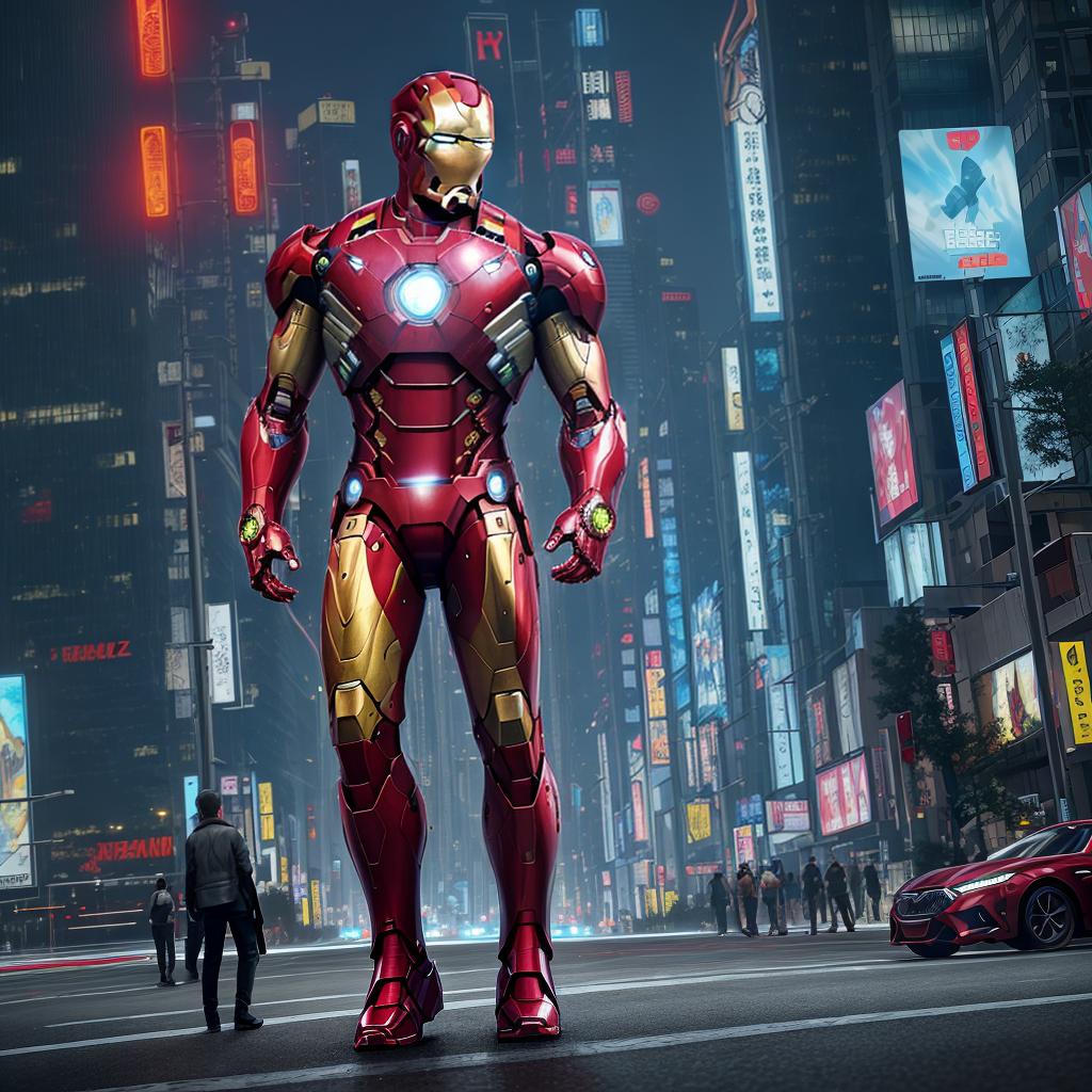  masterpiece, best quality, Best quality, masterpiece, 8k resolution, realistic, highly detailed, close up of Iron Man. In a cyberpunk-style night scene of the city, he stands on a street lined with tall buildings. The city's night lights are bright, The surrounding buildings and streets are filled with cyberpunk elements such as neon lights, high-tech devices, and futuristic architectural designs.