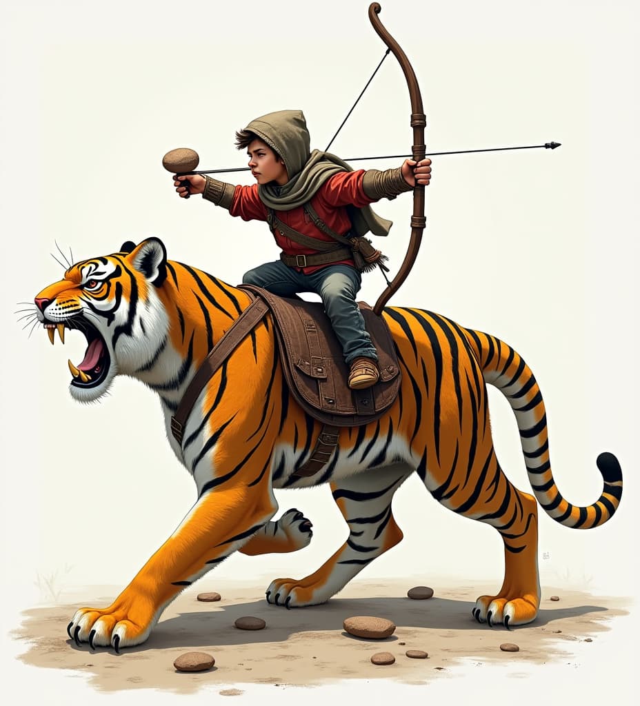  good quality, high quality, a fantasy drawing of a halfling rogue balancing himself on a mechanic tiger and shooting a stone on another mechanic tiger with a slingshot