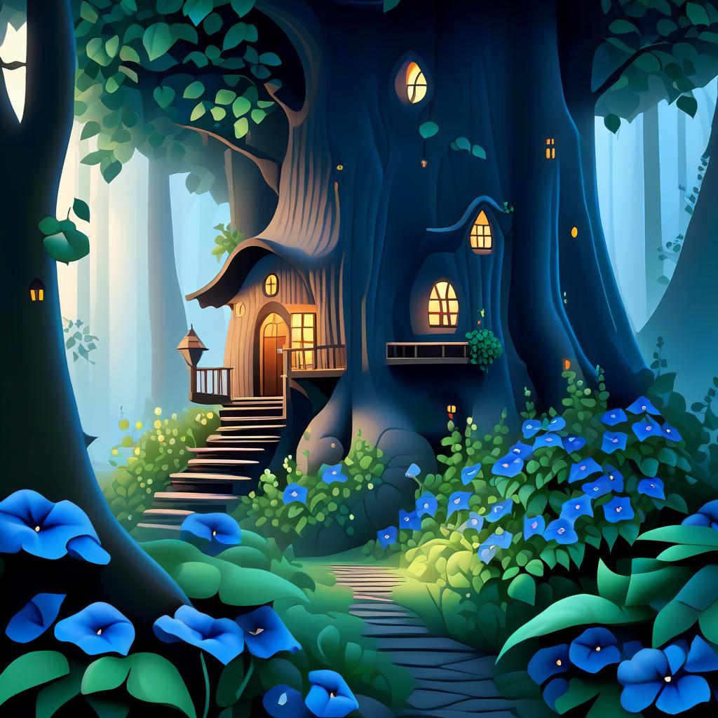  ethereal fantasy concept art of This tree house, nestled in the woods under a large leaf as a roof. Morning petunias serve as both decoration and guardians. The blossoms are blooming above the roof of the cabin. The elf who lives inside seems ready to come out the door and onto the balcony to water the flowers. (Petunia bush petunia) The flowers are blue turning to blue. . magnificent, celestial, ethereal, painterly, epic, majestic, magical, fantasy art, cover art, dreamy hyperrealistic, full body, detailed clothing, highly detailed, cinematic lighting, stunningly beautiful, intricate, sharp focus, f/1. 8, 85mm, (centered image composition), (professionally color graded), ((bright soft diffused light)), volumetric fog, trending on instagram, trending on tumblr, HDR 4K, 8K