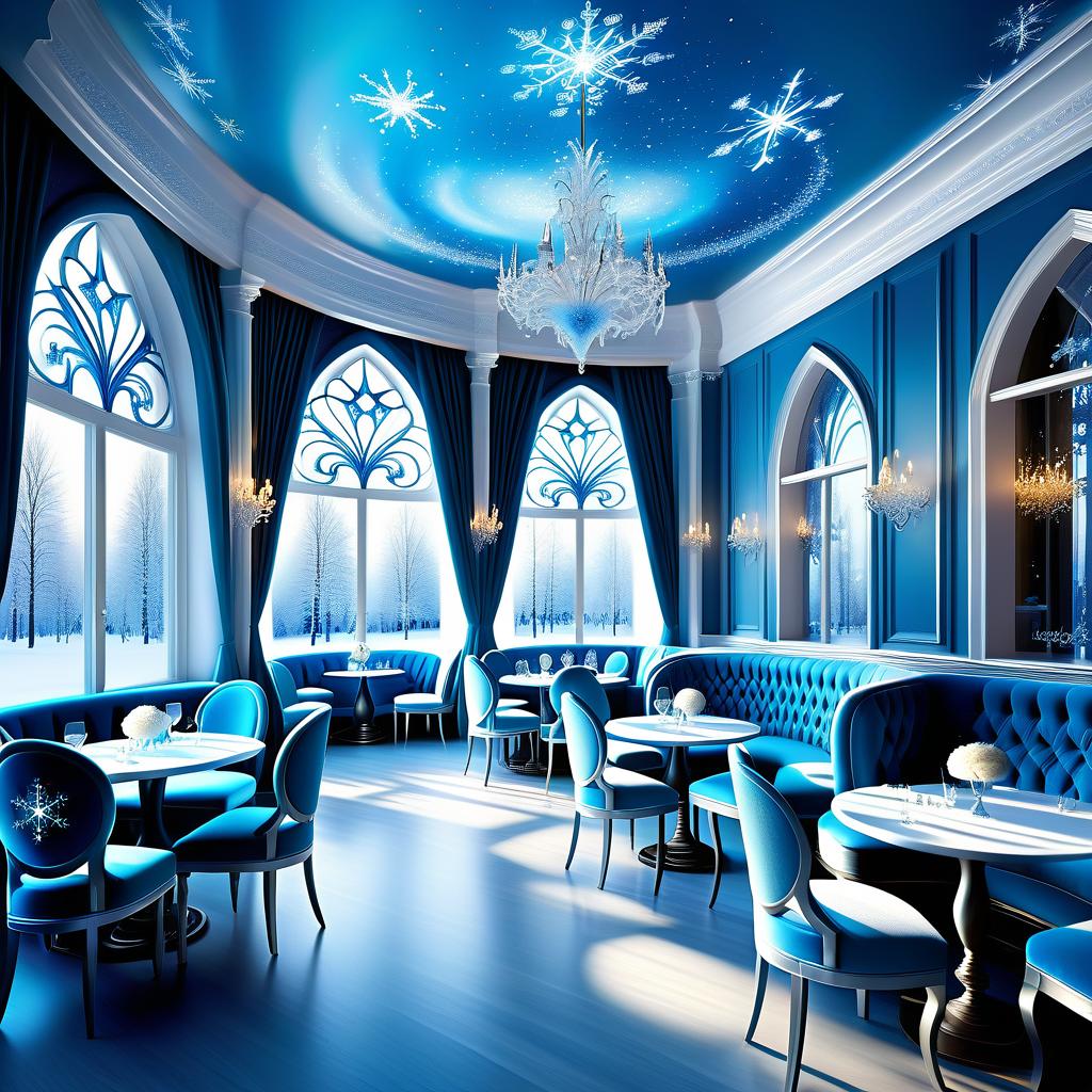  ethereal fantasy concept art of (Cafe interior). (Floor and walls):decorated with snowy intricate patterns of blue, white, silver snowflakes. (Furniture): elegant tables and chairs are forged from ice crystals and sparkle in the starlight. The windows are covered with openwork curtains made of frost. . magnificent, celestial, ethereal, painterly, epic, majestic, magical, fantasy art, cover art, dreamy hyperrealistic, full body, detailed clothing, highly detailed, cinematic lighting, stunningly beautiful, intricate, sharp focus, f/1. 8, 85mm, (centered image composition), (professionally color graded), ((bright soft diffused light)), volumetric fog, trending on instagram, trending on tumblr, HDR 4K, 8K