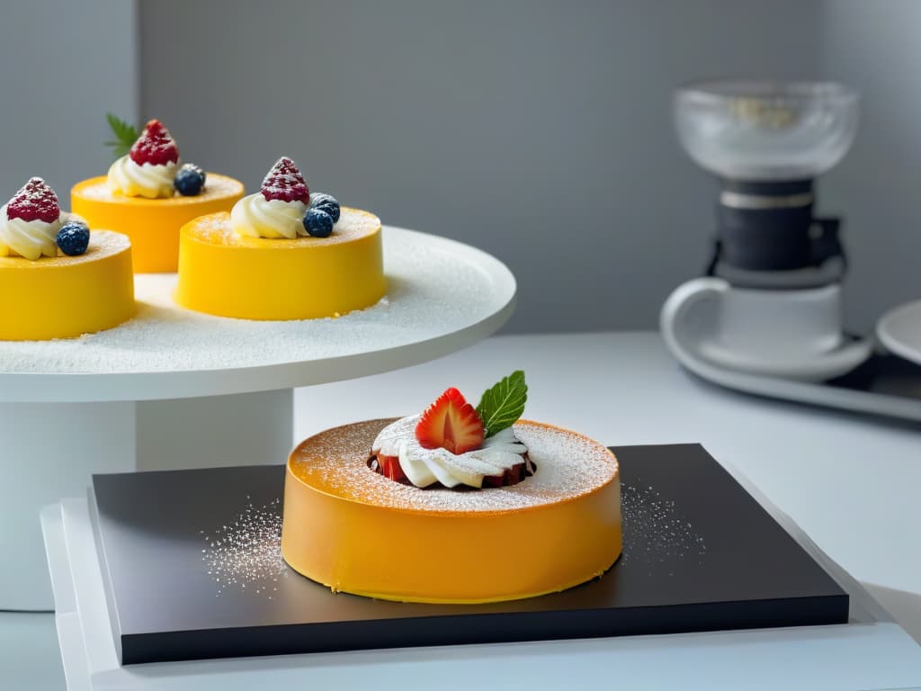  An image of a sleek, modern kitchen counter adorned with a minimalist display of intricate, avantgarde desserts featuring vibrant colors and unique textures. Each dessert is meticulously plated with artistic precision, showcasing a harmonious blend of flavors and a visually striking presentation that embodies the essence of multisensorial pastry creation. The background is softly blurred to accentuate the desserts, creating a focal point that captivates the viewer's attention and evokes a sense of culinary artistry and sophistication. hyperrealistic, full body, detailed clothing, highly detailed, cinematic lighting, stunningly beautiful, intricate, sharp focus, f/1. 8, 85mm, (centered image composition), (professionally color graded), ((bright soft diffused light)), volumetric fog, trending on instagram, trending on tumblr, HDR 4K, 8K