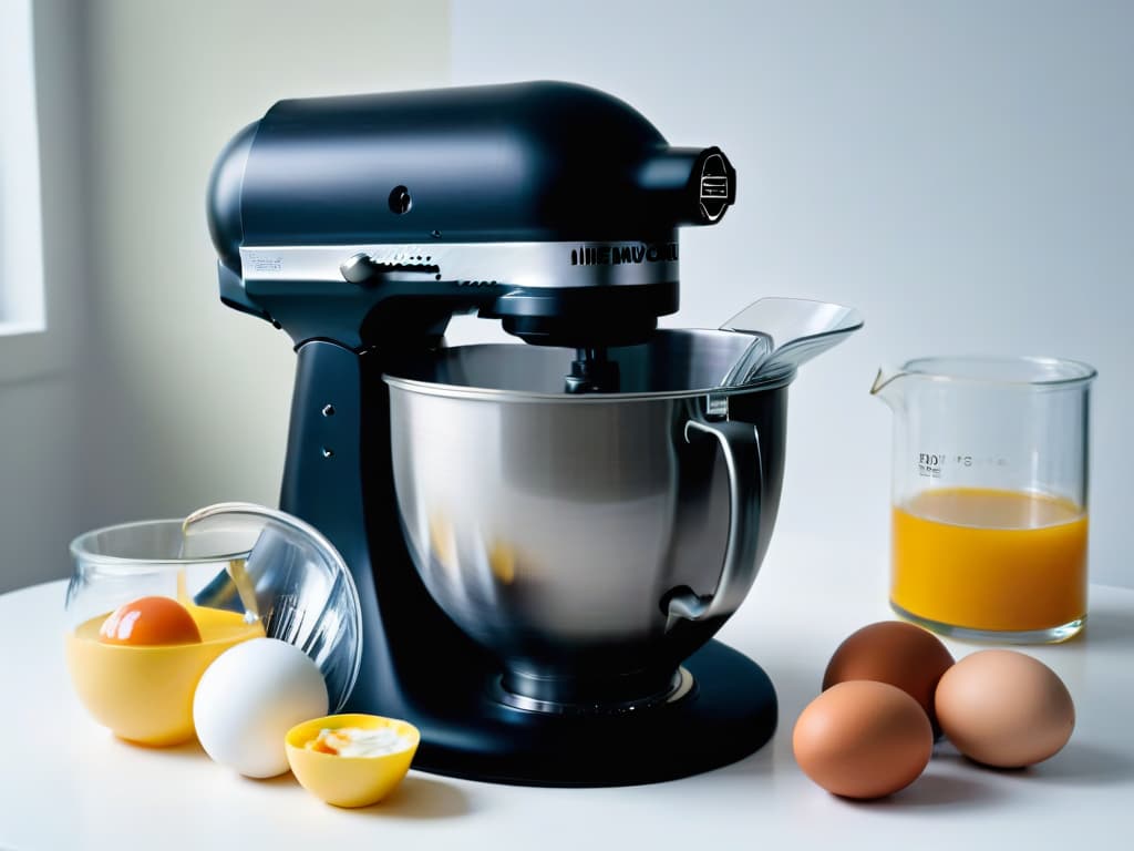  A closeup, ultradetailed image of a sleek, modern stand mixer in a matte black finish, capturing the intricate design of the rotating attachments and the smooth lines of the machine. The image showcases the mixer in action, whipping up a fluffy batter in a transparent glass bowl, with ingredients like eggs and flour visibly blending together. The soft overhead lighting highlights the glossy texture of the mixture, emphasizing the professional and sophisticated feel of using a stand mixer for baking in a minimalistic yet captivating manner. hyperrealistic, full body, detailed clothing, highly detailed, cinematic lighting, stunningly beautiful, intricate, sharp focus, f/1. 8, 85mm, (centered image composition), (professionally color graded), ((bright soft diffused light)), volumetric fog, trending on instagram, trending on tumblr, HDR 4K, 8K