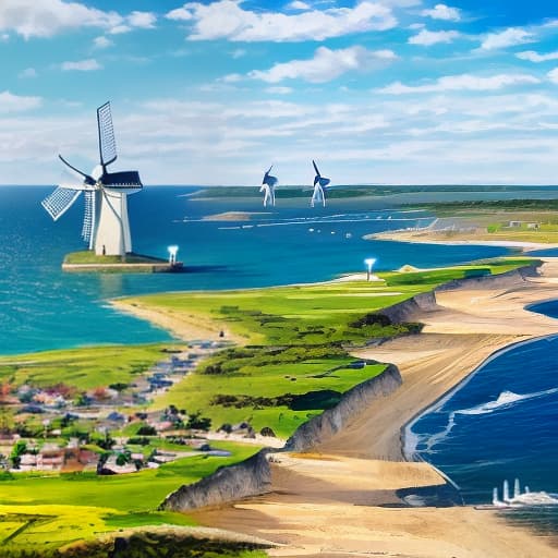  Windmills by the sea, coastlines, trees,