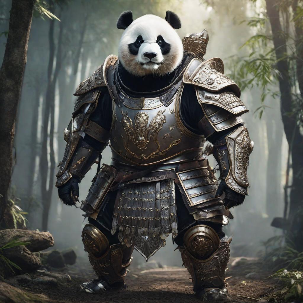  a full-length ferocious panda in armor, cute, hyper detail, full HD hyperrealistic, full body, detailed clothing, highly detailed, cinematic lighting, stunningly beautiful, intricate, sharp focus, f/1. 8, 85mm, (centered image composition), (professionally color graded), ((bright soft diffused light)), volumetric fog, trending on instagram, trending on tumblr, HDR 4K, 8K