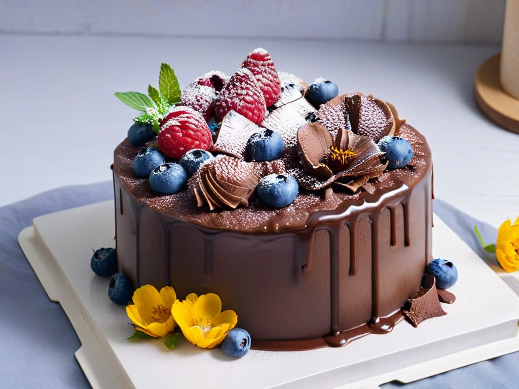  A photorealistic image of a decadent threelayer vegan chocolate cake with glossy ganache dripping down the sides, topped with fresh raspberries, blueberries, and edible flowers. The cake sits on a sleek marble cake stand, surrounded by scattered cocoa powder and vibrant green mint leaves, all set against a softfocus background of a modern, sunlit kitchen. hyperrealistic, full body, detailed clothing, highly detailed, cinematic lighting, stunningly beautiful, intricate, sharp focus, f/1. 8, 85mm, (centered image composition), (professionally color graded), ((bright soft diffused light)), volumetric fog, trending on instagram, trending on tumblr, HDR 4K, 8K