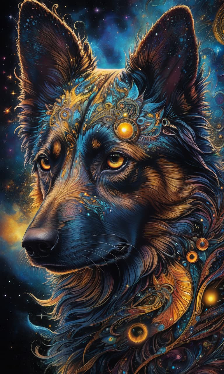  (psychedelic art, highly detailed, fantasy art:1.3), mesmerizing dog's face, intense glowing eyes with swirling colors, stunning blend of black, blue, and yellow hues, intricate patterns and designs, cosmic background with galaxies and stars, ethereal and mystical atmosphere, otherworldly beauty, intricate celestial patterns, cosmic energy radiating from the eyes, mesmerizing and captivating gaze, transcendent and surreal, vibrant and dynamic composition, close up shot capturing every intricate detail. hyperrealistic, full body, detailed clothing, highly detailed, cinematic lighting, stunningly beautiful, intricate, sharp focus, f/1. 8, 85mm, (centered image composition), (professionally color graded), ((bright soft diffused light)), volumetric fog, trending on instagram, trending on tumblr, HDR 4K, 8K