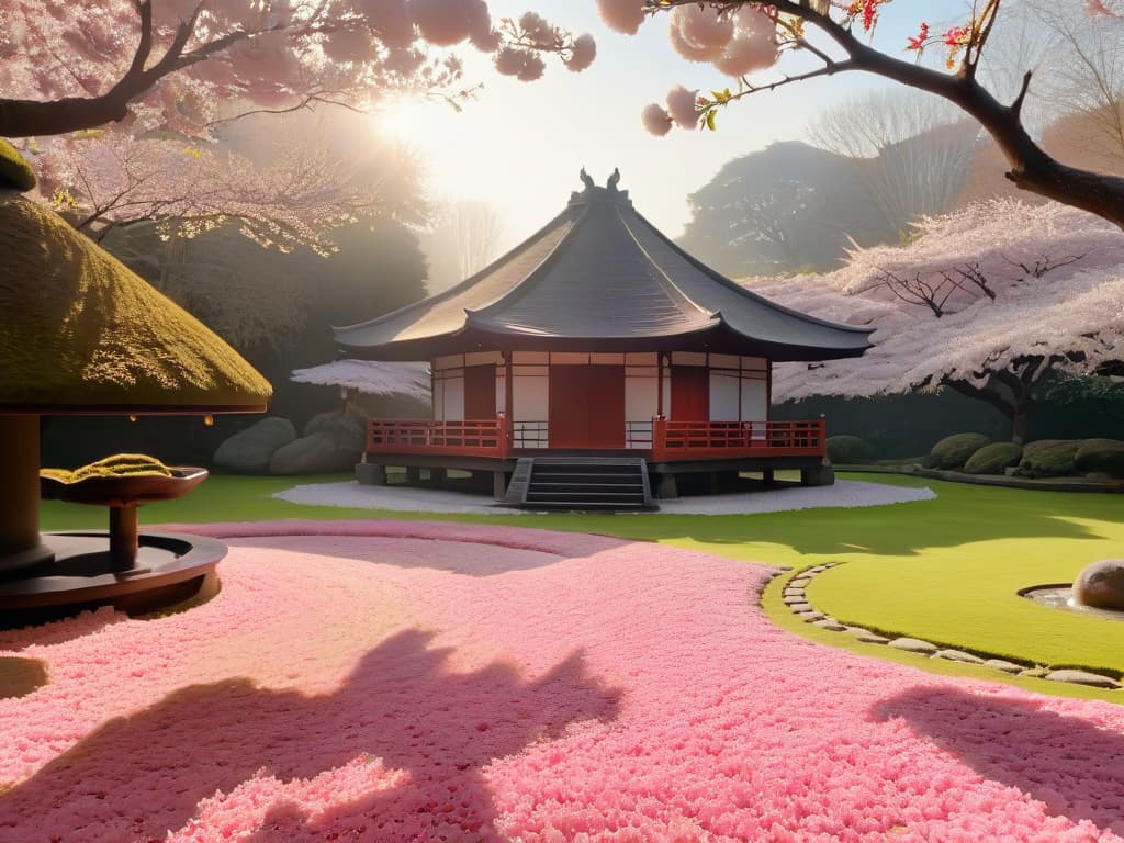  An ultradetailed 8k image of a serene Japanese garden with a traditional tea house in the background, surrounded by cherry blossom trees in full bloom. The soft pink petals gently fall to the ground, creating a picturesque scene of tranquility and beauty. The sunlight filters through the branches, casting a warm golden glow over the peaceful landscape, inviting viewers to immerse themselves in the art of Japanese confectionery making. hyperrealistic, full body, detailed clothing, highly detailed, cinematic lighting, stunningly beautiful, intricate, sharp focus, f/1. 8, 85mm, (centered image composition), (professionally color graded), ((bright soft diffused light)), volumetric fog, trending on instagram, trending on tumblr, HDR 4K, 8K