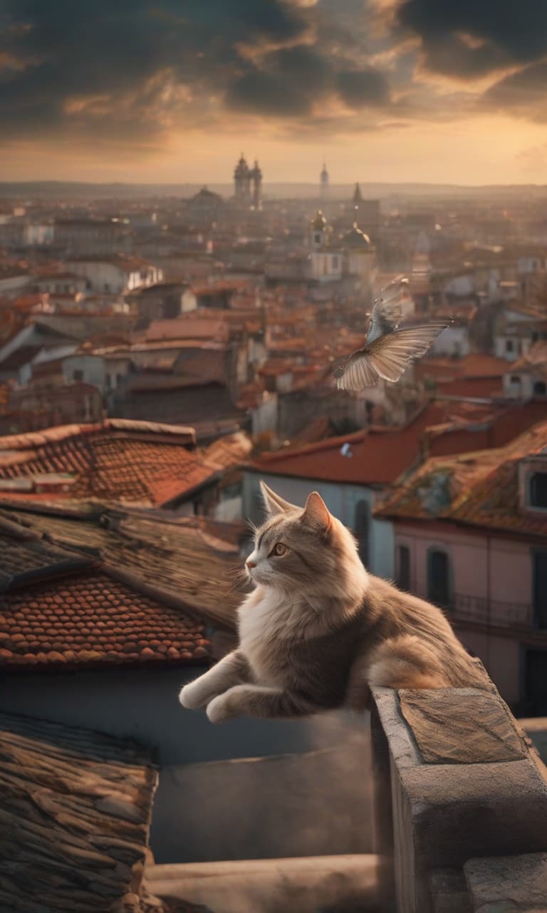  a cat with wings flying over the rooftops of the old city. fish in his front paws, clouds, evening. hyperrealistic, full body, detailed clothing, highly detailed, cinematic lighting, stunningly beautiful, intricate, sharp focus, f/1. 8, 85mm, (centered image composition), (professionally color graded), ((bright soft diffused light)), volumetric fog, trending on instagram, trending on tumblr, HDR 4K, 8K