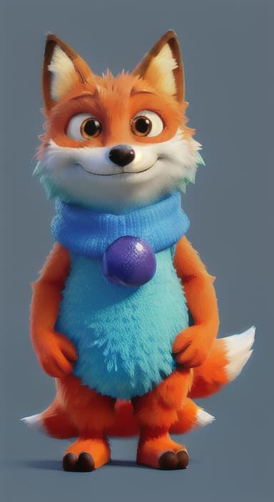  {Error the fox pressing the blue button with his paw, looking puzzled as nothing occurs., Error is a small, bright orange fox with a fluffy tail and big, inquisitive eyes. He has a mischievous yet kind expression and wears a tiny green scarf.