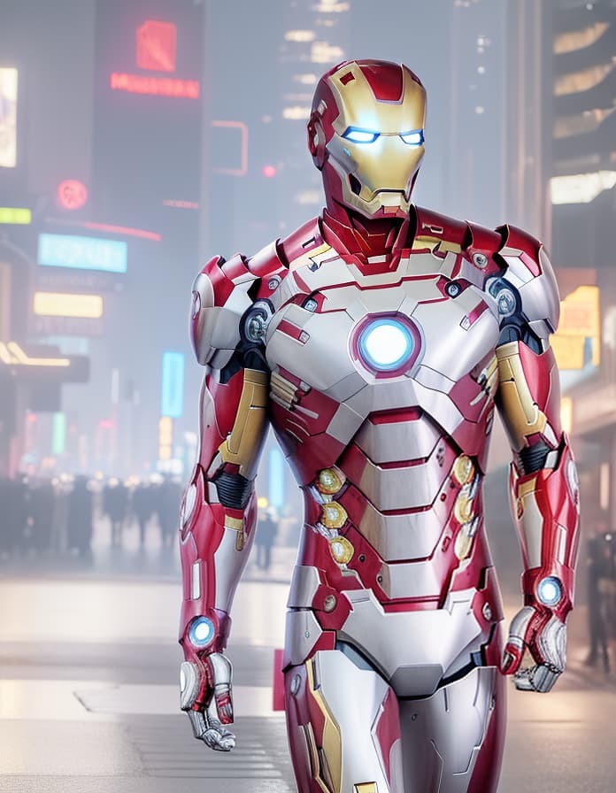  masterpiece, best quality, masterpiece, 8k resolution, realistic, highly detailed, Iron Man close up. He stands on a street lined with tall buildings in a cyberpunk style city at night. The city's night lights are bright, and the surrounding buildings and streets are full of cyberpunk elements such as neon lights, high tech equipment and futuristic architectural design.