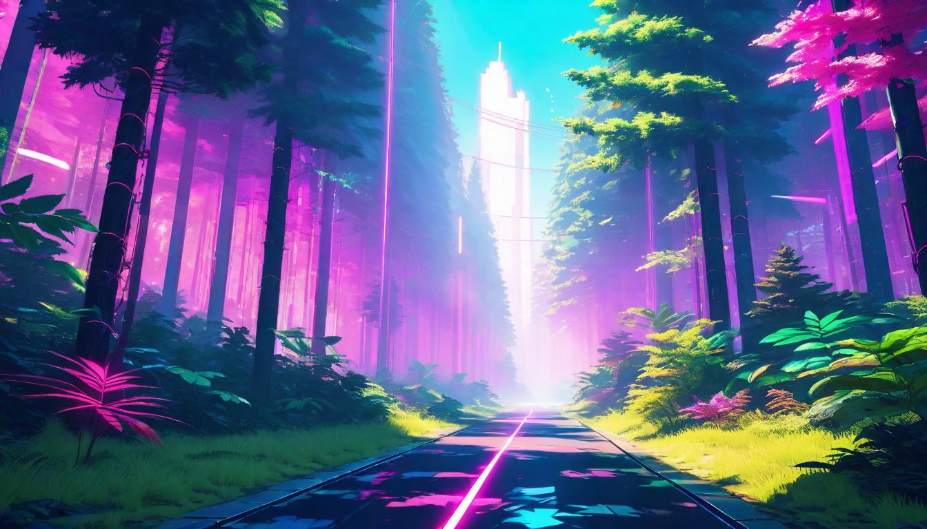  vaporwave,cyberpunk game style A serene, inviting forest path overshadowed by towering trees, their leaves filtering the sunlight into gentle, welcoming patterns on the ground. Inviting, tranquil, yet subtly foreboding.eon, dystopian, futuristic, digital, vibrant, detailed, high contrast, reminiscent of cyberpunk genre video games,retro aesthetic, cyberpunk, vibrant, neon colors, vintage 80s and 90s style, highly detailed