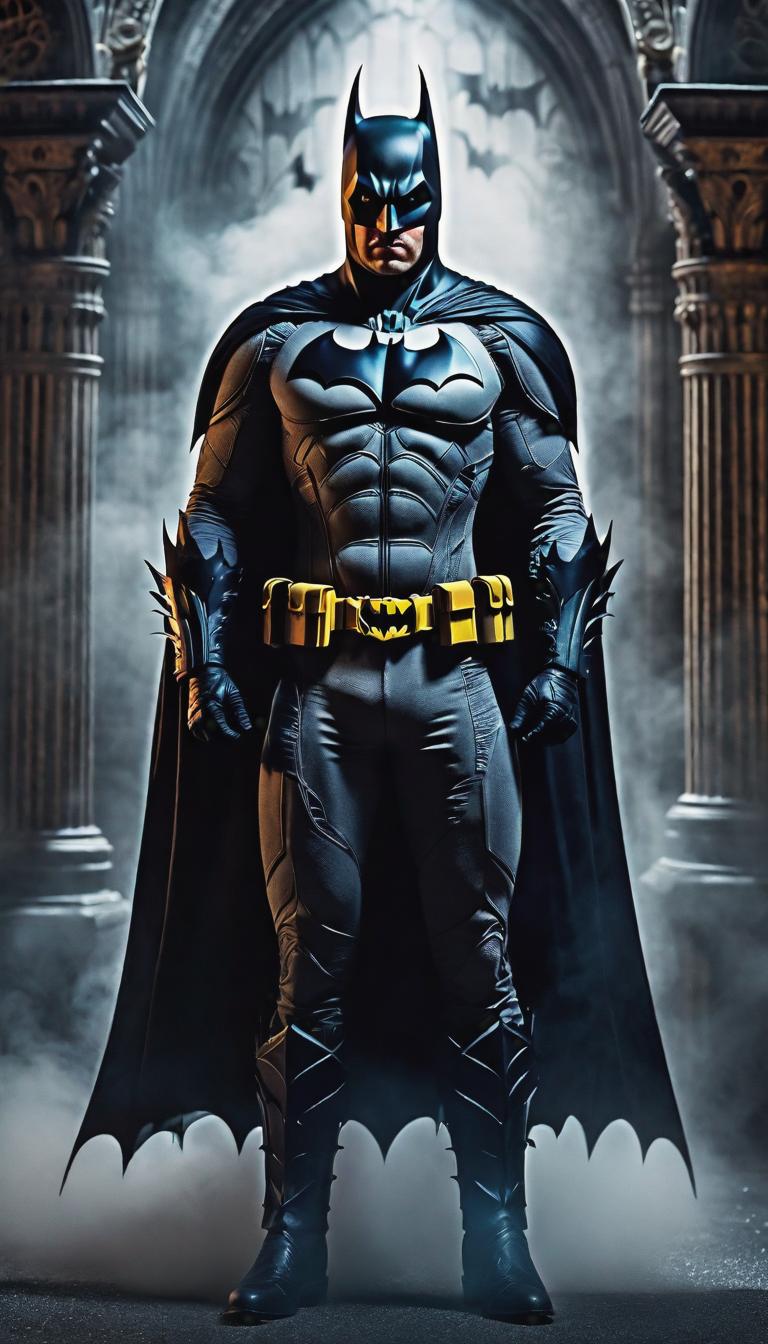  gothic style depiction of Batman . dark, mysterious, haunting, dramatic, ornate, detailed, hyperrealistic, full body, detailed clothing, highly detailed, cinematic lighting, stunningly beautiful, intricate, sharp focus, f/1. 8, 85mm, (centered image composition), (professionally color graded), ((bright soft diffused light)), volumetric fog, trending on instagram, trending on tumblr, HDR 4K, 8K