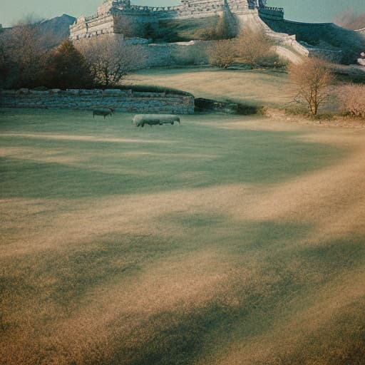 analog style Ancient Goguryeo. Beautiful sky. Pastelton's. Neat. Picture-like garden. A landscape with horses