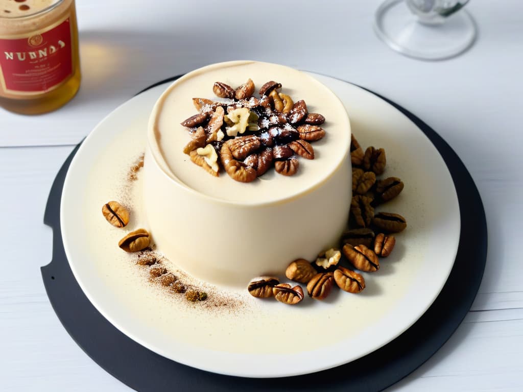  A closeup, ultradetailed image of a creamy, perfectly set panna cotta infused with rich coffee flavor, topped with a generous sprinkle of chopped walnuts. The smooth surface of the dessert reflects the light, showcasing its elegant simplicity and inviting texture. The backdrop is a soft, neutral color, emphasizing the minimalist presentation of the indulgent coffee and walnut panna cotta. hyperrealistic, full body, detailed clothing, highly detailed, cinematic lighting, stunningly beautiful, intricate, sharp focus, f/1. 8, 85mm, (centered image composition), (professionally color graded), ((bright soft diffused light)), volumetric fog, trending on instagram, trending on tumblr, HDR 4K, 8K