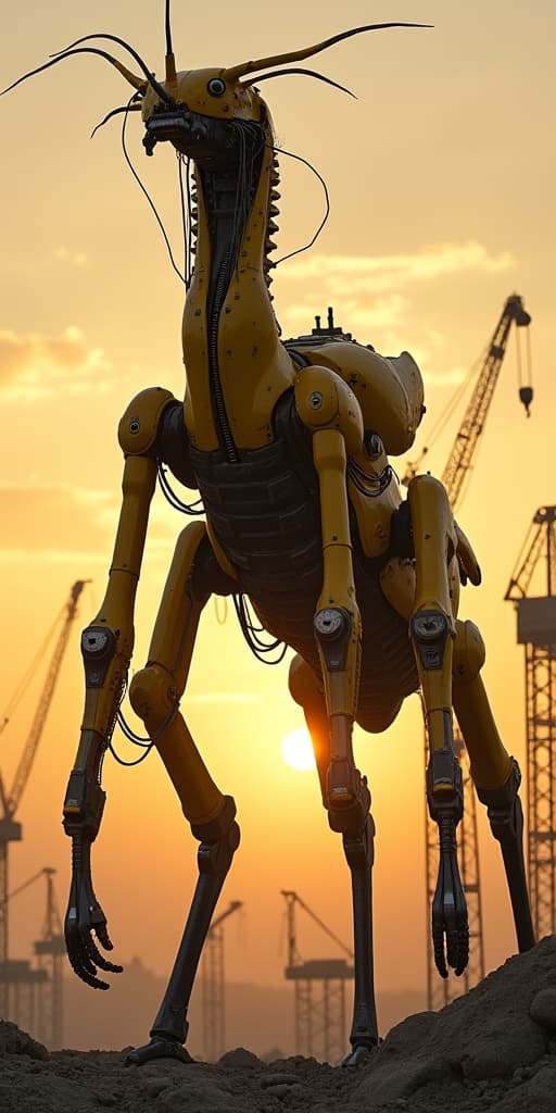  good quality, high quality, a yellow metal creature which is a hybrit between a mantis and a crane, sunset, highly detailed, transformers, cables, hydraulics, metal rod arms and legs, huge, gigantic, destroying a city, mechanic, photorealistic, epic, yellow cranes in the background