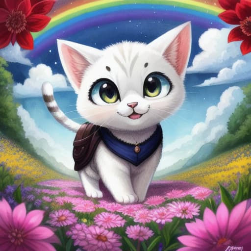  watercolor, storybook, child-book, A cute anthropomorphic cat with wide eyes and a permanent smile, styled like a black and white animation, standing in a colorful meadow under a blue sky, small white clouds and large rainbow, cute anthropomorphic cat, best quality, very detailed, high resolution, sharp, sharp image hyperrealistic, full body, detailed clothing, highly detailed, cinematic lighting, stunningly beautiful, intricate, sharp focus, f/1. 8, 85mm, (centered image composition), (professionally color graded), ((bright soft diffused light)), volumetric fog, trending on instagram, trending on tumblr, HDR 4K, 8K