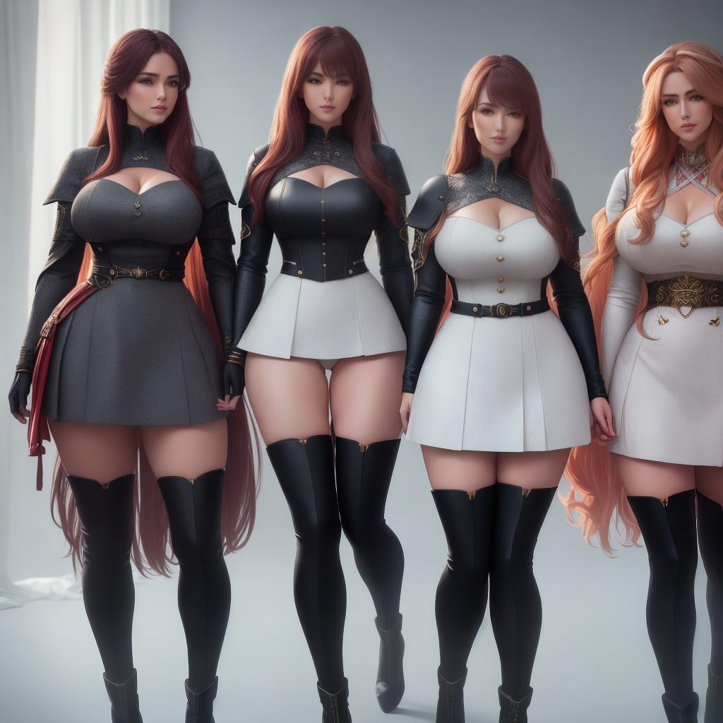  A high detailed and ultra-detailed scene showcasing three girls wearing outfits with wider necklines and high boots, as seen from the front. The realistic style of the artwork makes it a true masterpiece. The image is in 8k resolution, ensuring the best quality. hyperrealistic, full body, detailed clothing, highly detailed, cinematic lighting, stunningly beautiful, intricate, sharp focus, f/1. 8, 85mm, (centered image composition), (professionally color graded), ((bright soft diffused light)), volumetric fog, trending on instagram, trending on tumblr, HDR 4K, 8K