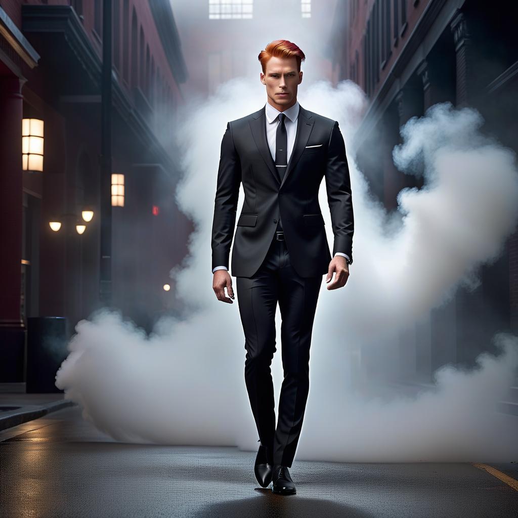  A young man with red hair in a ponytail and a black suit. hyperrealistic, full body, detailed clothing, highly detailed, cinematic lighting, stunningly beautiful, intricate, sharp focus, f/1. 8, 85mm, (centered image composition), (professionally color graded), ((bright soft diffused light)), volumetric fog, trending on instagram, trending on tumblr, HDR 4K, 8K