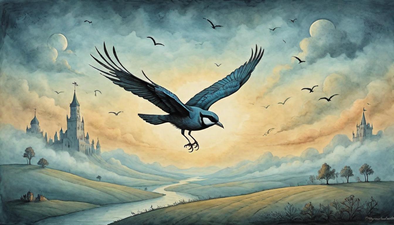  on parchment, surrealism+++, A solo bird flying across the vast sky at dawn, freedom, self sufficiency, the boundless(mysterious, provocative, symbolic,muted color)+++