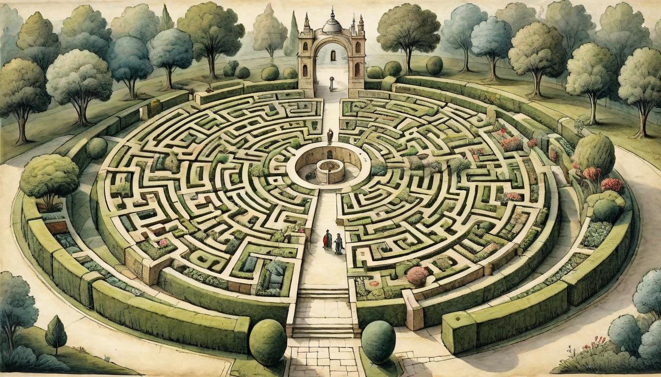  on parchment, surrealism+++, An intricate labyrinth seen from above, at its center, a serene garden with a bench, labyrinth complex, garden tranquil, voice of the soul, guided journey inward(mysterious, provocative, symbolic,muted color)+++