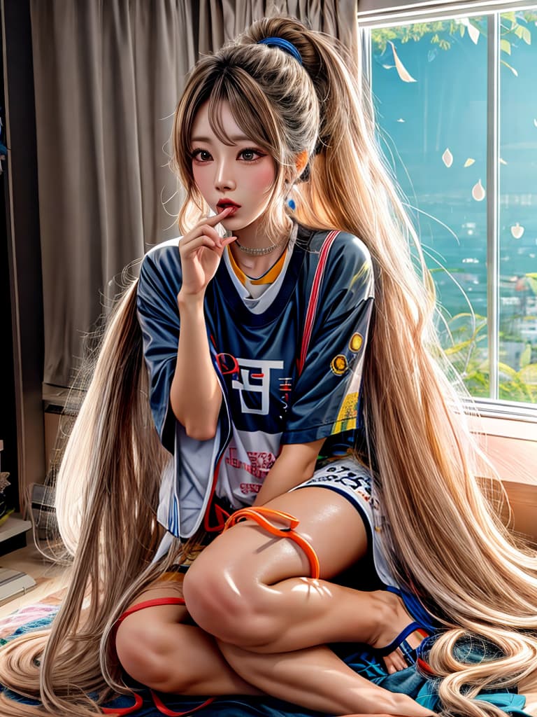  long hair,absurdly long hair,gyaru,ponytail,messy hair, hair,open mouth,drooling,saliva trail,unconscious,serafuku,,micro, dress,bare legs, old  hyperrealistic, full body, detailed clothing, highly detailed, cinematic lighting, stunningly beautiful, intricate, sharp focus, f/1. 8, 85mm, (centered image composition), (professionally color graded), ((bright soft diffused light)), volumetric fog, trending on instagram, trending on tumblr, HDR 4K, 8K