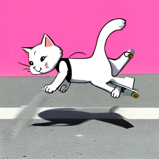  A white cartoon cat skateboarding against a pink background, cute stick figure style,
