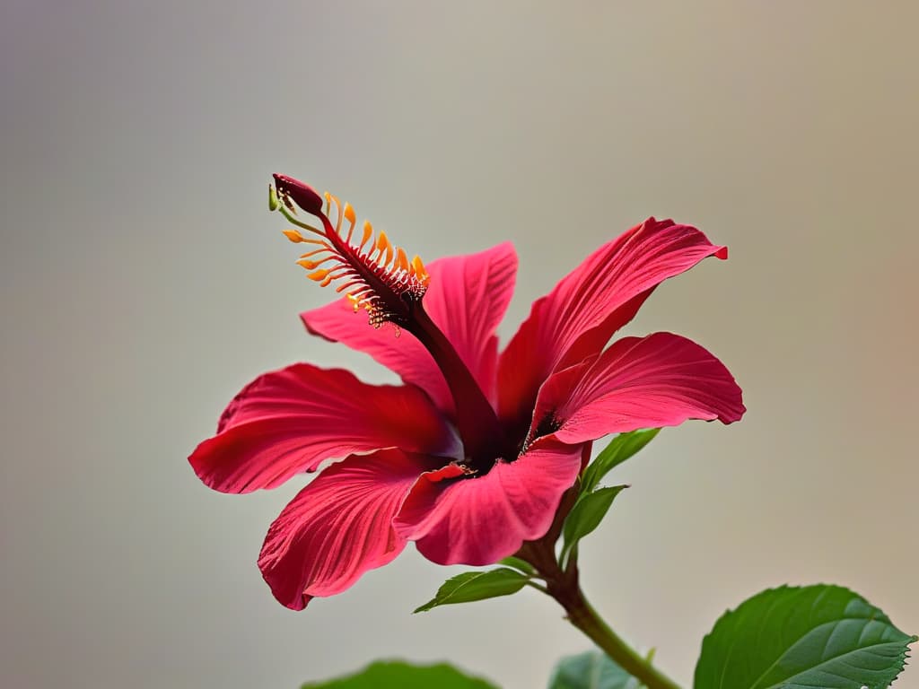  An ultradetailed image of a delicate, vibrant hibiscus flower, commonly known as "flor de jamaica," set against a soft, blurred background to emphasize its intricate crimson petals and golden stamen. The image captures the fine details of the flower's texture, showcasing the elegant curves of its petals and the tiny veins that run through them. The play of light and shadow creates a mesmerizing effect, highlighting the natural beauty of this exotic bloom in stunning clarity. hyperrealistic, full body, detailed clothing, highly detailed, cinematic lighting, stunningly beautiful, intricate, sharp focus, f/1. 8, 85mm, (centered image composition), (professionally color graded), ((bright soft diffused light)), volumetric fog, trending on instagram, trending on tumblr, HDR 4K, 8K