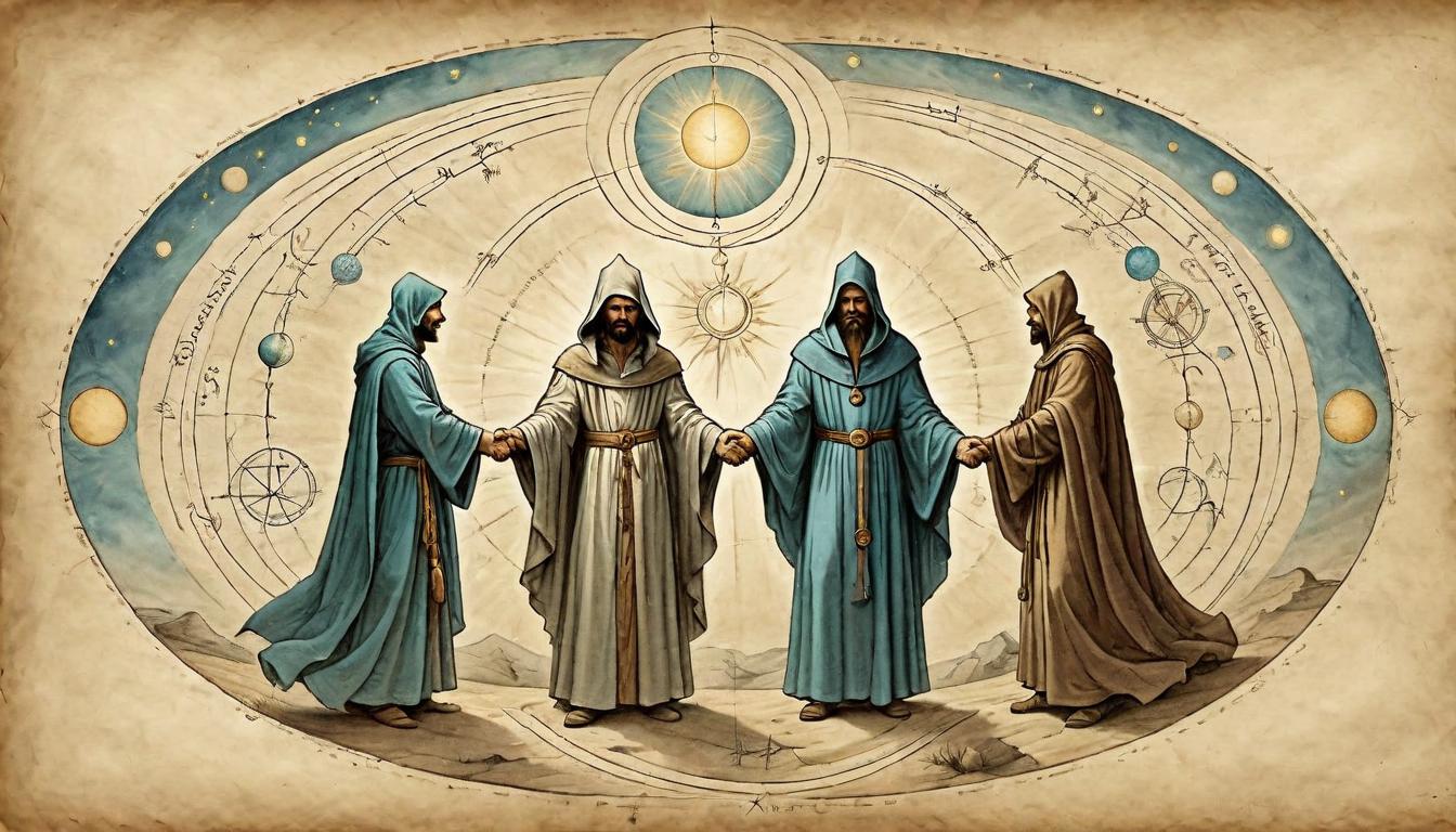  on parchment, surrealism+++, A circle of robed figures holding hands, central light source, ethereal energy lines connecting them, sense of universal oneness, shared ascension, unity and transformation(mysterious, provocative, symbolic,muted color)+++